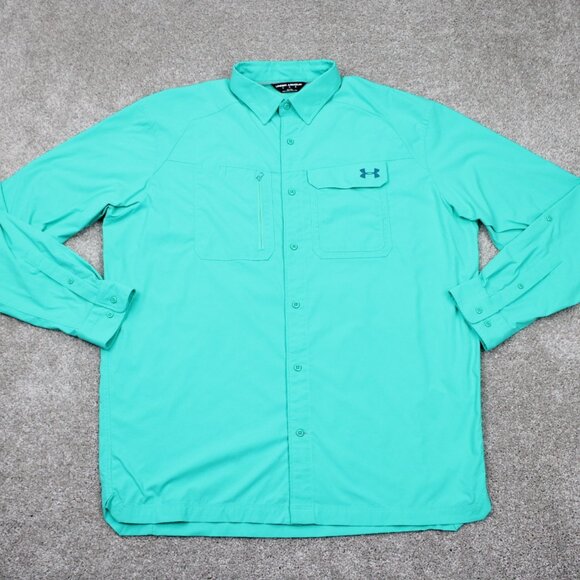 Under Armour Fish Hunt Shirt Men XL Green UA Heat Gear Loose Fit L/S Snap Collar - Picture 1 of 16